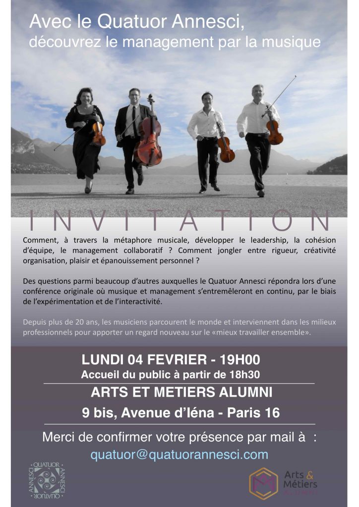 Invitation du Quatuor Annesci à une démonstration Musique et Management, Paris 4 février 2019