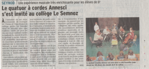 article de presse sur le quatuor annesci jouant pour les enfants du collège du Semnoz 2018